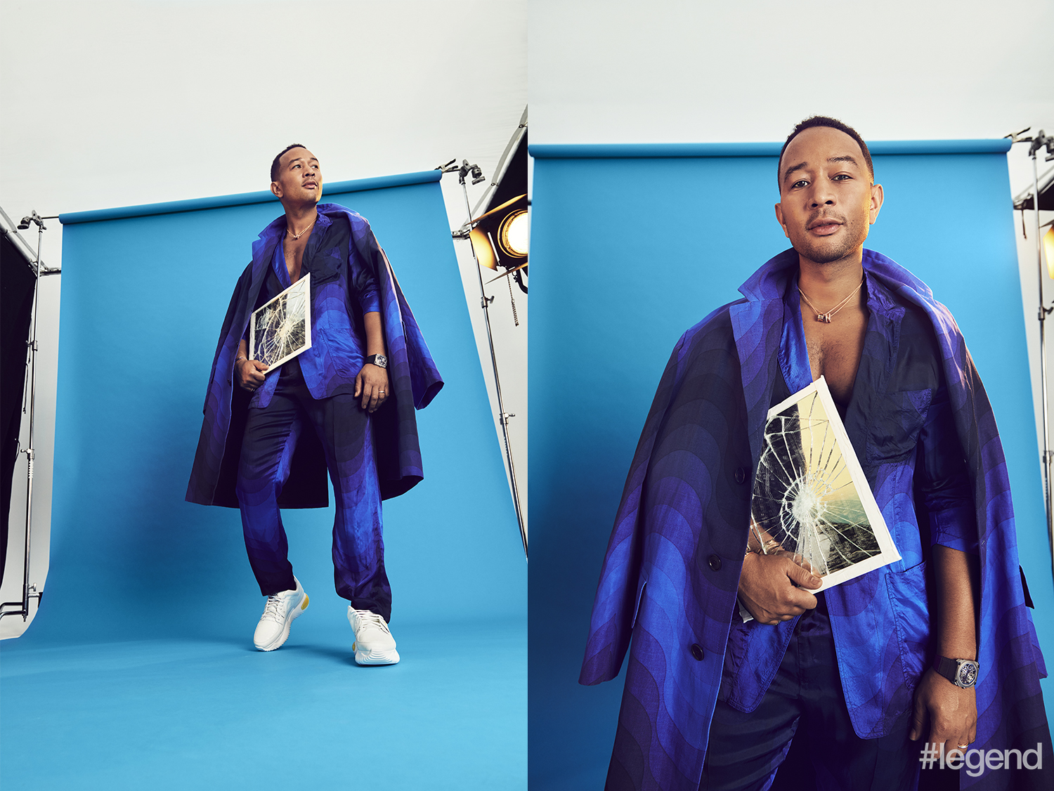 B.Zero1 and B.Zero1 Design Legend pendants and bracelet in 18k pink gold with diamonds, and Octo Finissimi Skeleton 40mm watch in titanium with blue alligator leather strap by Bulgari; blue ombré print overcoat, jacket and trousers by Dries Van Noten; white sneakers by Fendi